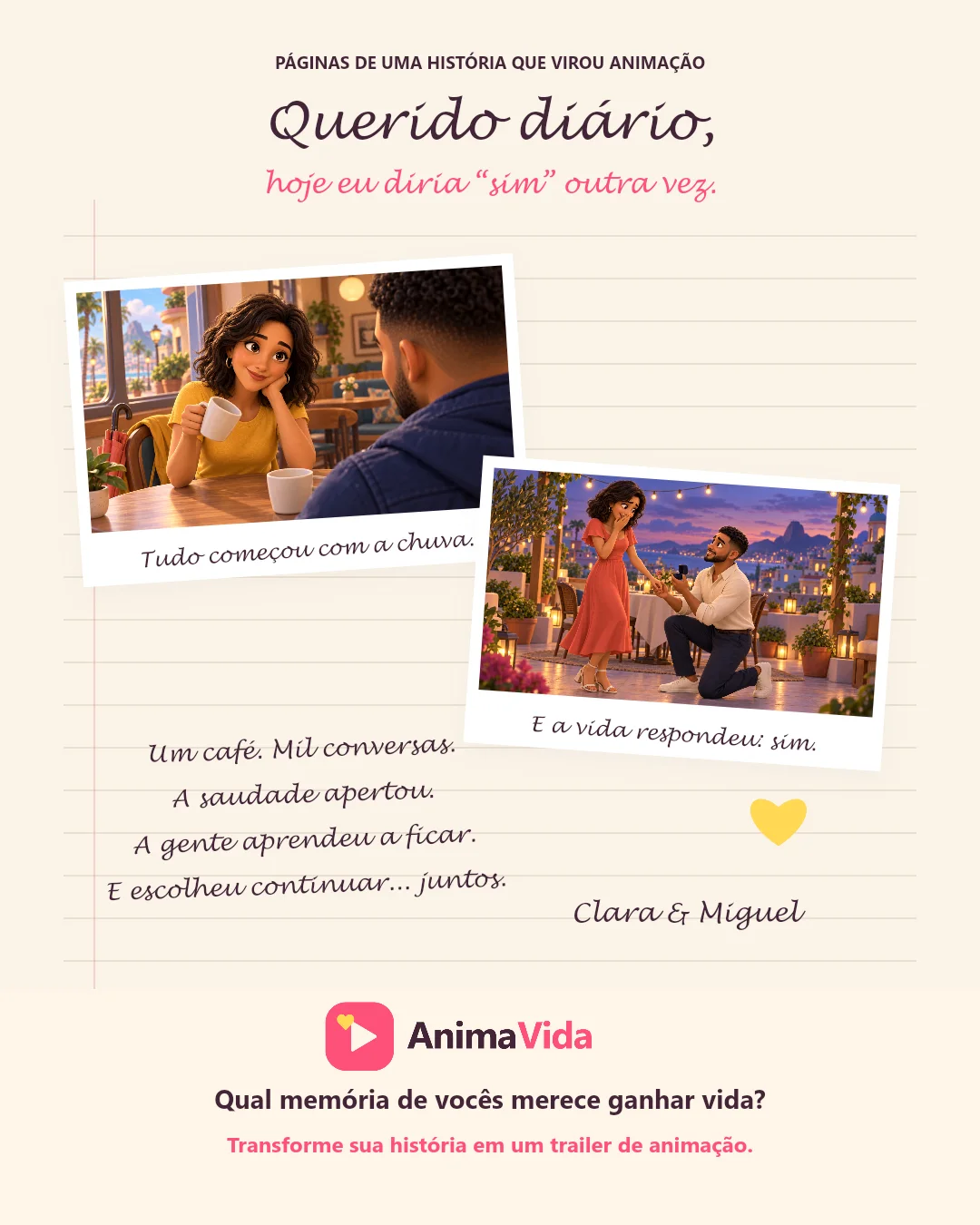 Exemplo de página de álbum digital: diário de Clara e Miguel com cenas do café e do pedido de casamento