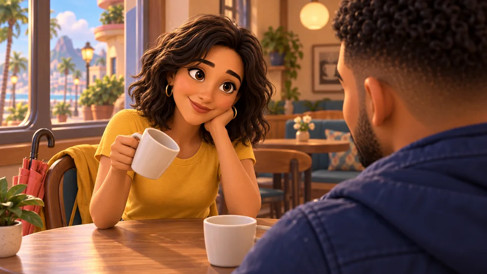 Um café. Mil possibilidades. — Clara e Miguel em animação 3D